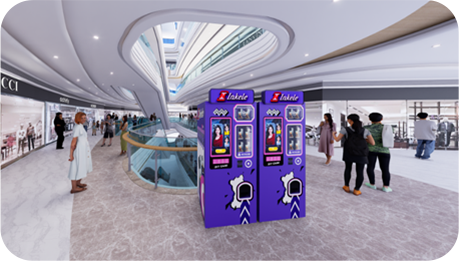 Interactive phone case customization station in shopping mall high-traffic areas